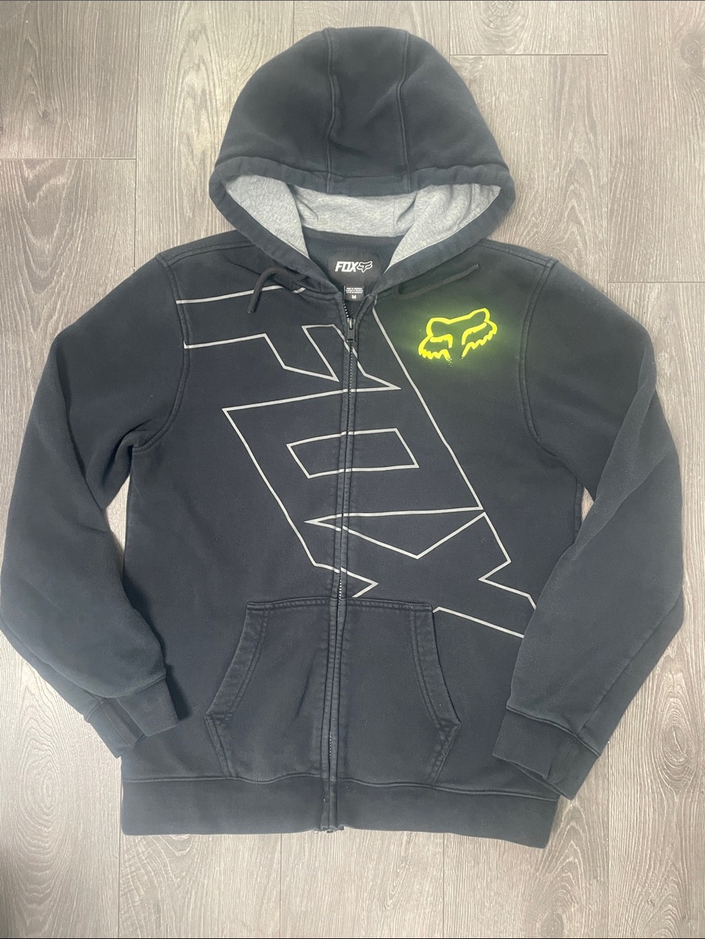 Fox Black Zip-Up Hoodie with Neon Yellow Fox Head size medium